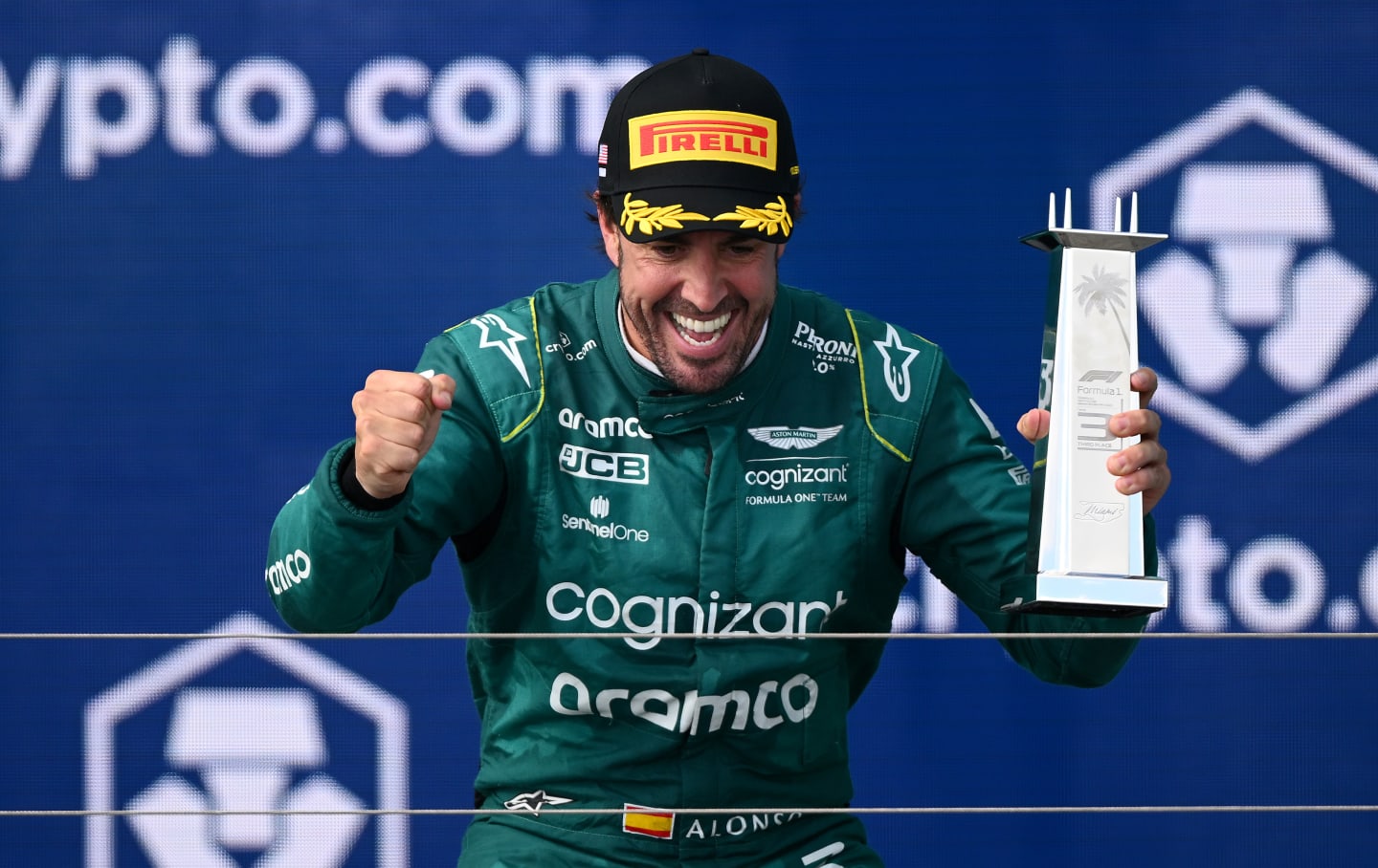 MIAMI, FLORIDA - MAY 07: Third placed Fernando Alonso of Spain and Aston Martin F1 Team celebrates on the podium during the F1 Grand Prix of Miami at Miami International Autodrome on May 07, 2023 in Miami, Florida. (Photo by Clive Mason - Formula 1/Formula 1 via Getty Images)