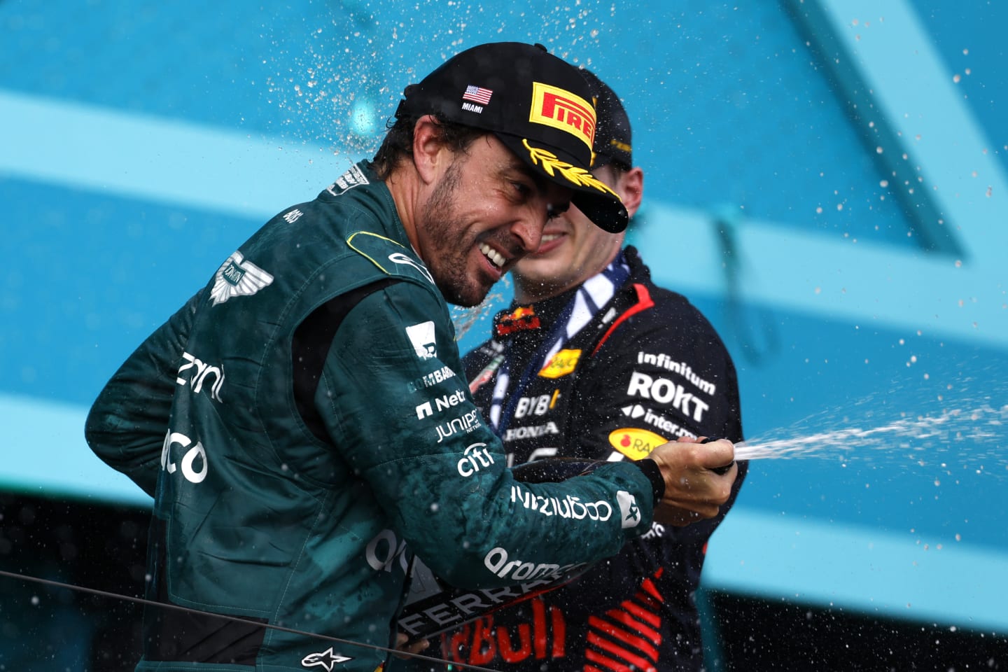 MIAMI, FLORIDA - MAY 07: Third placed Fernando Alonso of Spain and Aston Martin F1 Team celebrates on the podium during the F1 Grand Prix of Miami at Miami International Autodrome on May 07, 2023 in Miami, Florida. (Photo by Chris Graythen/Getty Images)