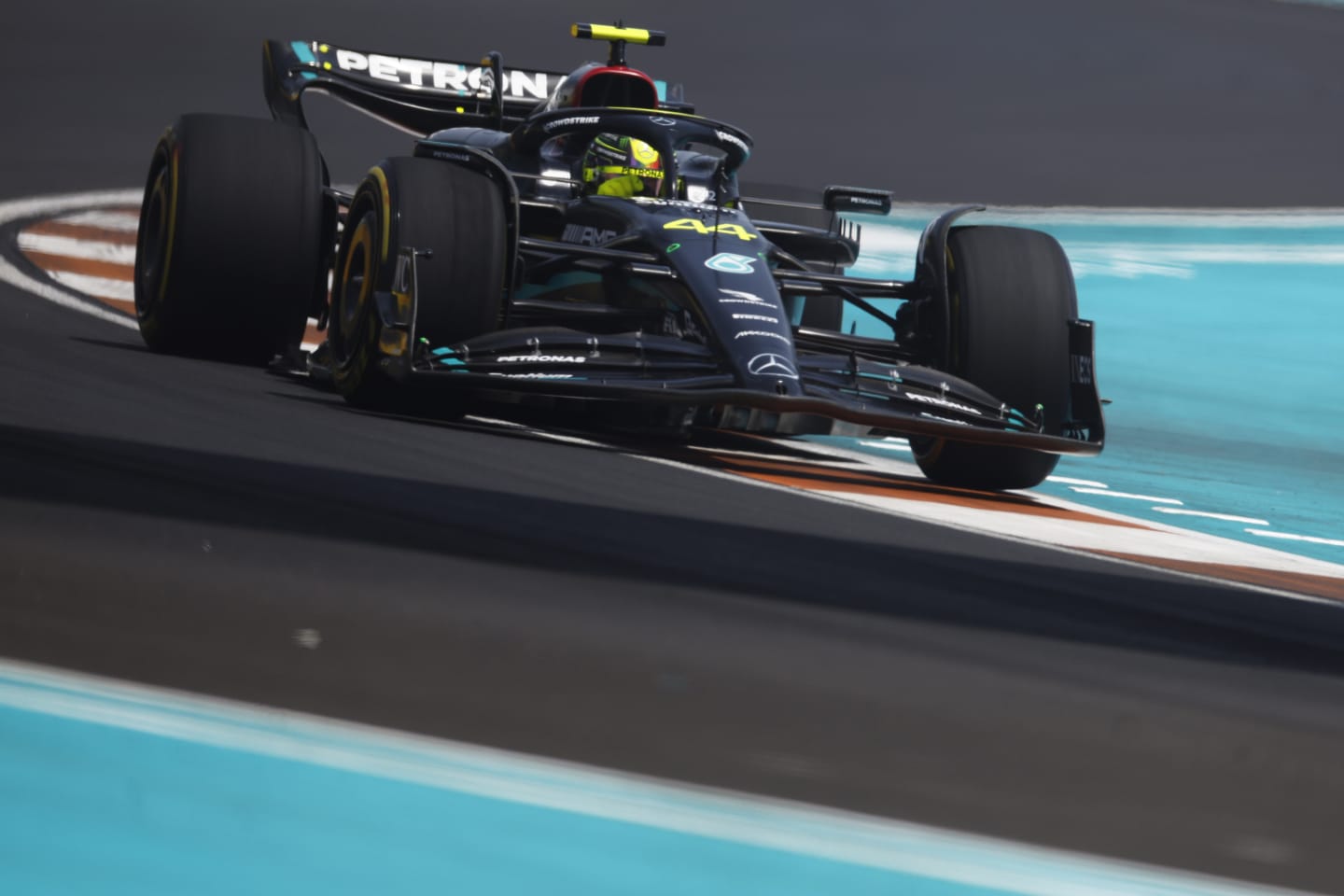 MIAMI, FLORIDA - MAY 05: Lewis Hamilton of Great Britain driving the (44) Mercedes AMG Petronas F1 Team W14 on track during practice ahead of the F1 Grand Prix of Miami at Miami International Autodrome on May 05, 2023 in Miami, Florida. (Photo by Chris Graythen/Getty Images)