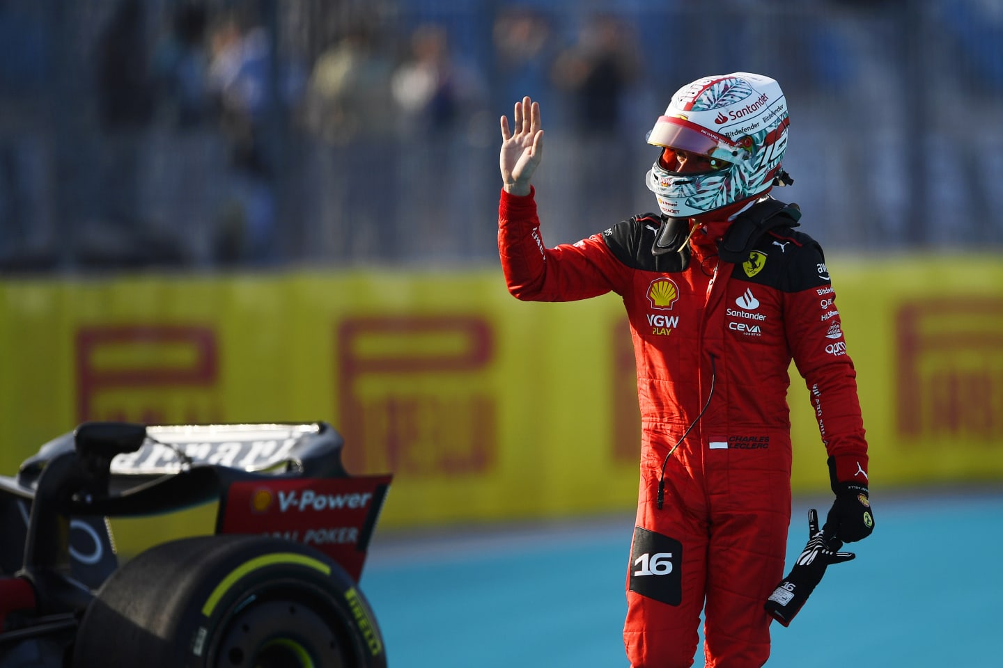MIAMI, FLORIDA - MAY 05: Charles Leclerc of Monaco and Ferrari waves to the crowd after crashing during practice ahead of the F1 Grand Prix of Miami at Miami International Autodrome on May 05, 2023 in Miami, Florida. (Photo by Rudy Carezzevoli/Getty Images)