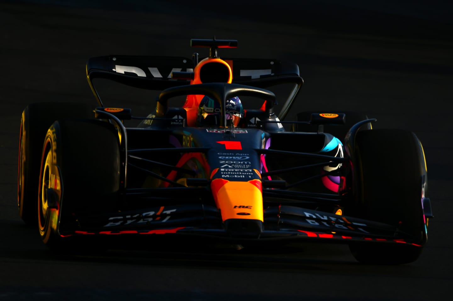 MIAMI, FLORIDA - MAY 05: Max Verstappen of the Netherlands driving the (1) Oracle Red Bull Racing RB19 on track during practice ahead of the F1 Grand Prix of Miami at Miami International Autodrome on May 05, 2023 in Miami, Florida. (Photo by Clive Mason - Formula 1/Formula 1 via Getty Images)