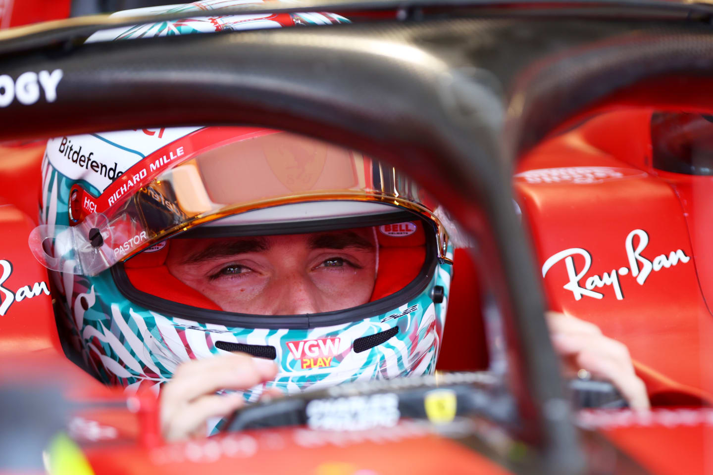 MIAMI, FLORIDA - MAY 05: Charles Leclerc of Monaco and Ferrari prepares to drive in the garage