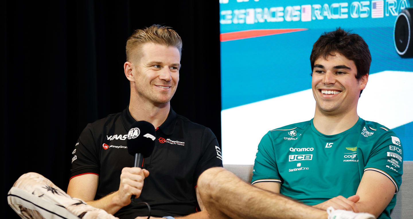 MIAMI, FLORIDA - MAY 04: Nico Hulkenberg of Germany and Haas F1 and Lance Stroll of Canada and Aston Martin F1 Team attend the Drivers Press Conference during previews ahead of the F1 Grand Prix of Miami at Miami International Autodrome on May 04, 2023 in Miami, Florida. (Photo by Jared C. Tilton/Getty Images)