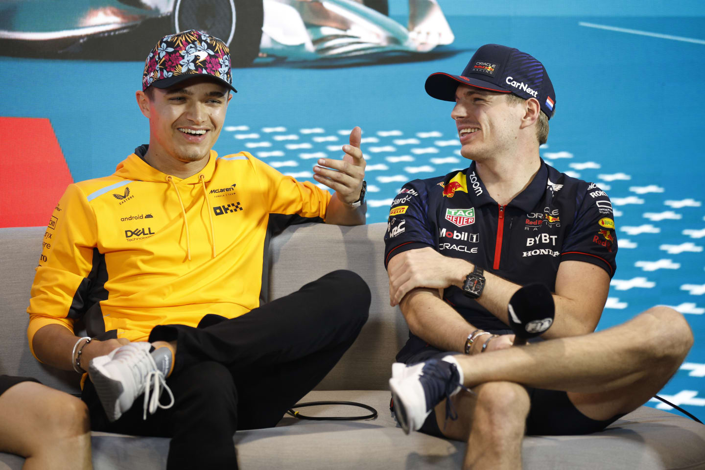 MIAMI, FLORIDA - MAY 04: Lando Norris of Great Britain and McLaren and Max Verstappen of the
