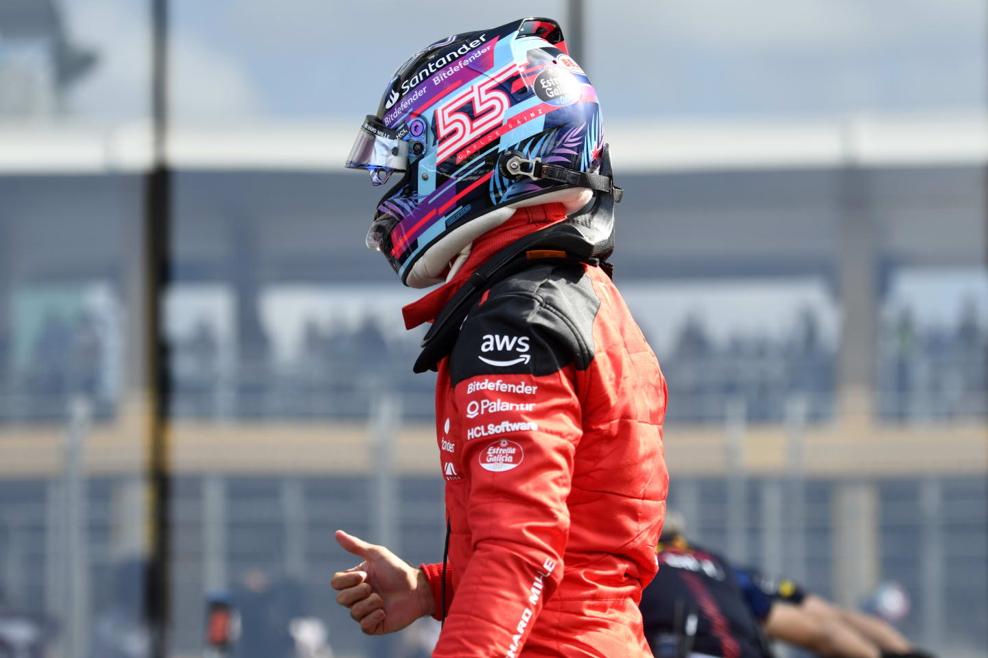MIAMI, FLORIDA - MAY 06: Third placed qualifier Carlos Sainz of Spain and Ferrari climbs from his car in parc ferme during qualifying ahead of the F1 Grand Prix of Miami at Miami International Autodrome on May 06, 2023 in Miami, Florida. (Photo by Rudy Carezzevoli/Getty Images)
