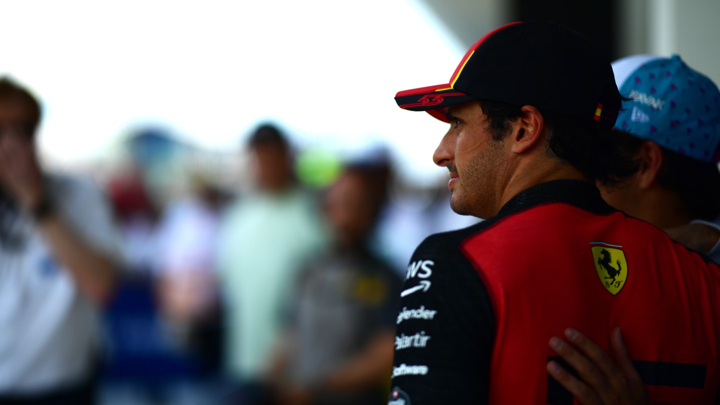 MIAMI, FLORIDA - MAY 06: Third placed qualifier Carlos Sainz of Spain and Ferrari looks on in parc ferme during qualifying ahead of the F1 Grand Prix of Miami at Miami International Autodrome on May 06, 2023 in Miami, Florida. (Photo by Mario Renzi - Formula 1/Formula 1 via Getty Images)