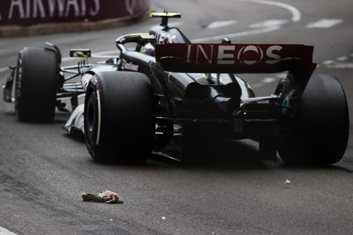 MONTE-CARLO, MONACO - MAY 28: Lewis Hamilton of Great Britain driving the (44) Mercedes AMG Petronas F1 Team W14 passes a dead bird on track during the F1 Grand Prix of Monaco at Circuit de Monaco on May 28, 2023 in Monte-Carlo, Monaco. (Photo by Ryan Pierse/Getty Images)