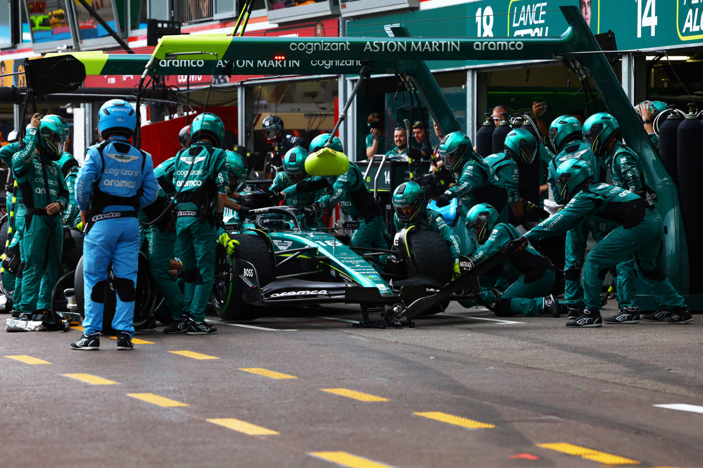 MONTE-CARLO, MONACO - MAY 28: Lance Stroll of Canada driving the (18) Aston Martin AMR23 Mercedes makes a pitstop during the F1 Grand Prix of Monaco at Circuit de Monaco on May 28, 2023 in Monte-Carlo, Monaco. (Photo by Mark Thompson/Getty Images)