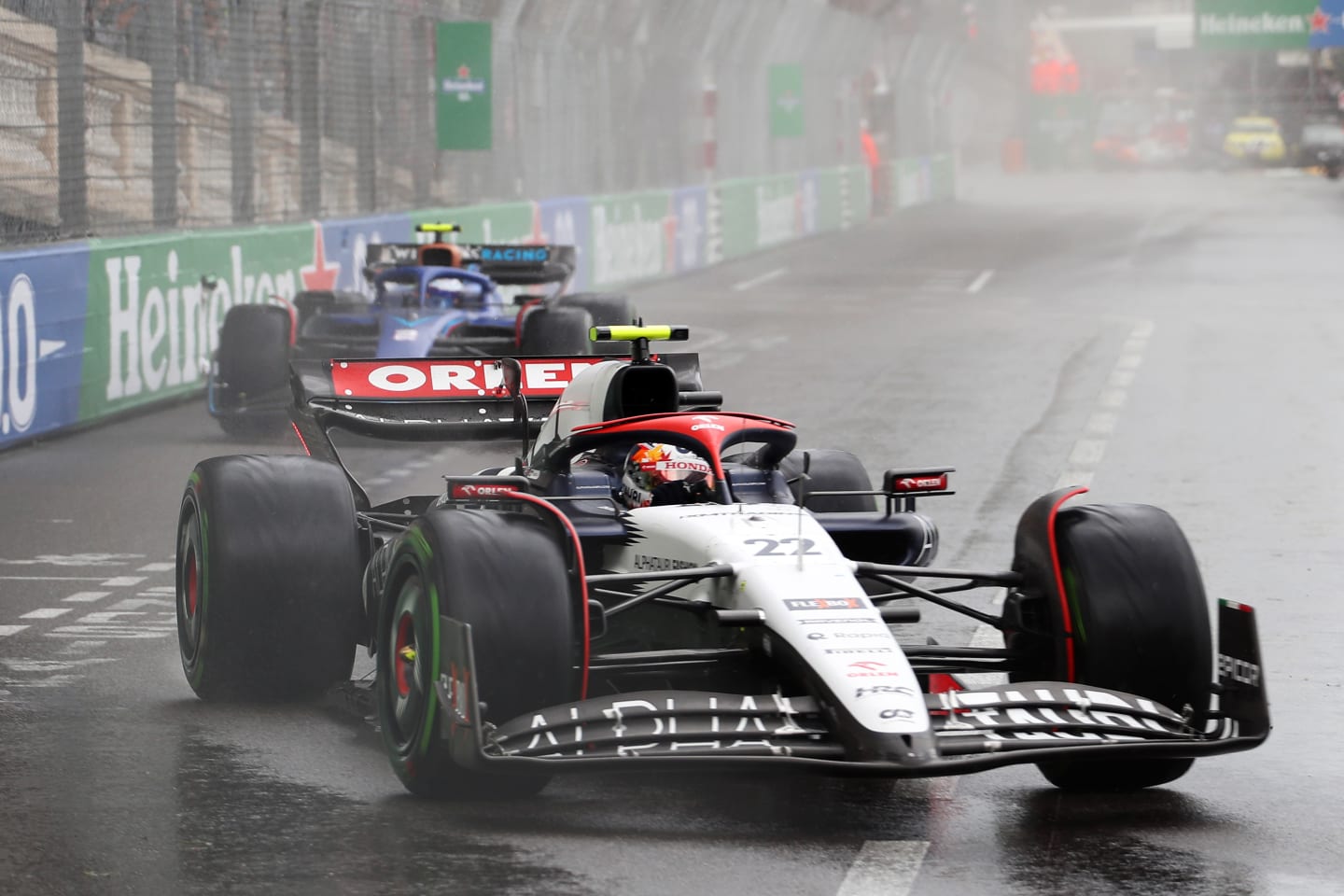 MONTE-CARLO, MONACO - MAY 28: Yuki Tsunoda of Japan driving the (22) Scuderia AlphaTauri AT04 leads Logan Sargeant of United States driving the (2) Williams FW45 Mercedes on track during the F1 Grand Prix of Monaco at Circuit de Monaco on May 28, 2023 in Monte-Carlo, Monaco. (Photo by Peter Fox/Getty Images)