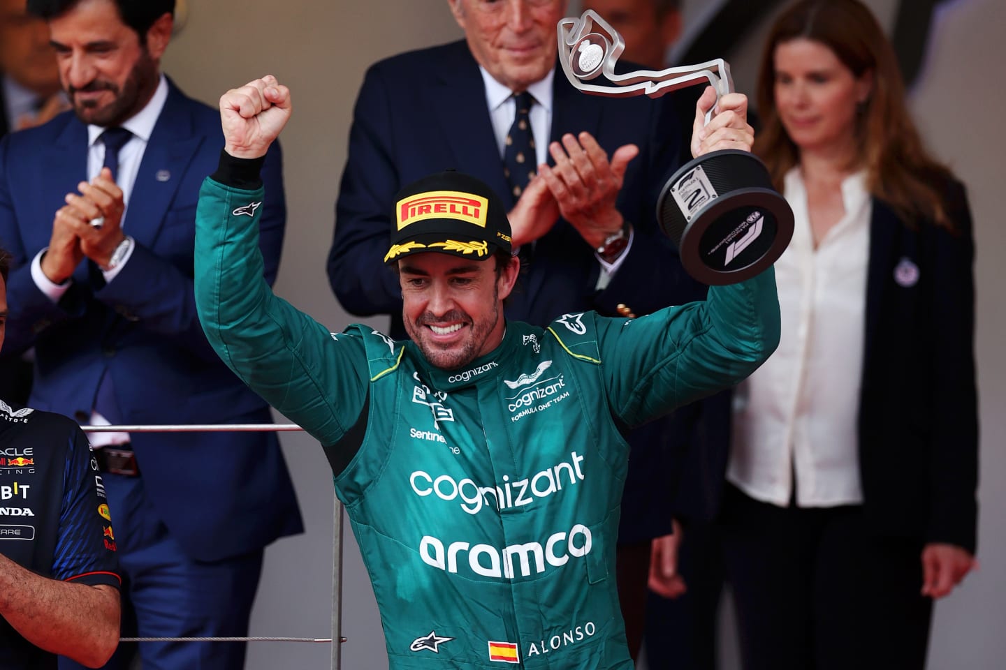 MONTE-CARLO, MONACO - MAY 28: Second placed Fernando Alonso of Spain and Aston Martin F1 Team celebrates on the podium during the F1 Grand Prix of Monaco at Circuit de Monaco on May 28, 2023 in Monte-Carlo, Monaco. (Photo by Ryan Pierse/Getty Images)