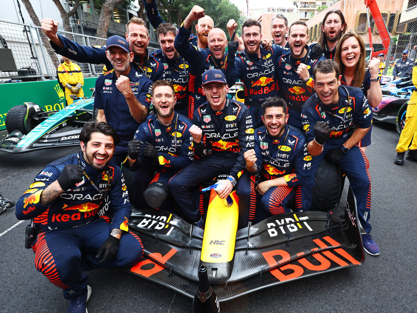 MONTE-CARLO, MONACO - MAY 28: Race winner Max Verstappen of the Netherlands and Oracle Red Bull Racing celebrates with his team after the F1 Grand Prix of Monaco at Circuit de Monaco on May 28, 2023 in Monte-Carlo, Monaco. (Photo by Mark Thompson/Getty Images)