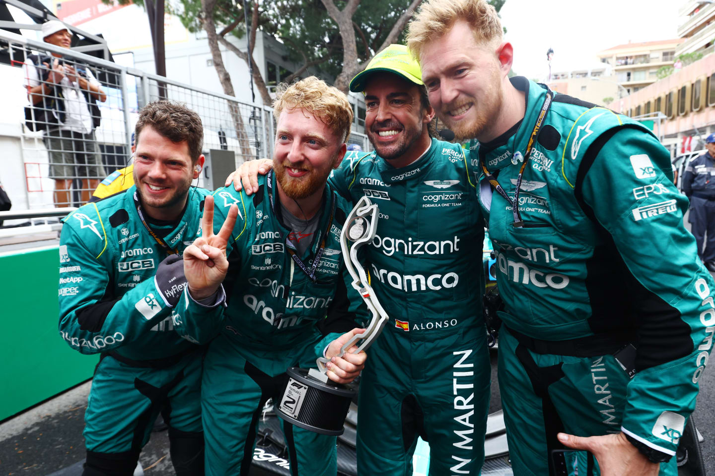 MONTE-CARLO, MONACO - MAY 28: Second placed Fernando Alonso of Spain and Aston Martin F1 celebrates