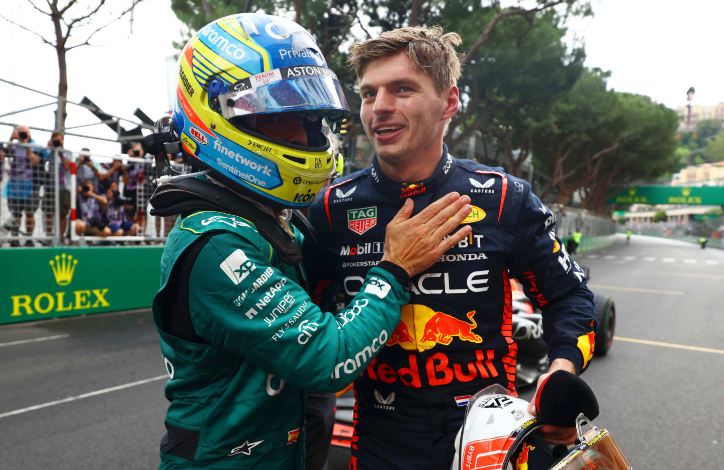 MONTE-CARLO, MONACO - MAY 28: Race winner Max Verstappen of the Netherlands and Oracle Red Bull Racing and Second placed Fernando Alonso of Spain and Aston Martin F1 Team celebrate in parc ferme during the F1 Grand Prix of Monaco at Circuit de Monaco on May 28, 2023 in Monte-Carlo, Monaco. (Photo by Mark Thompson/Getty Images)