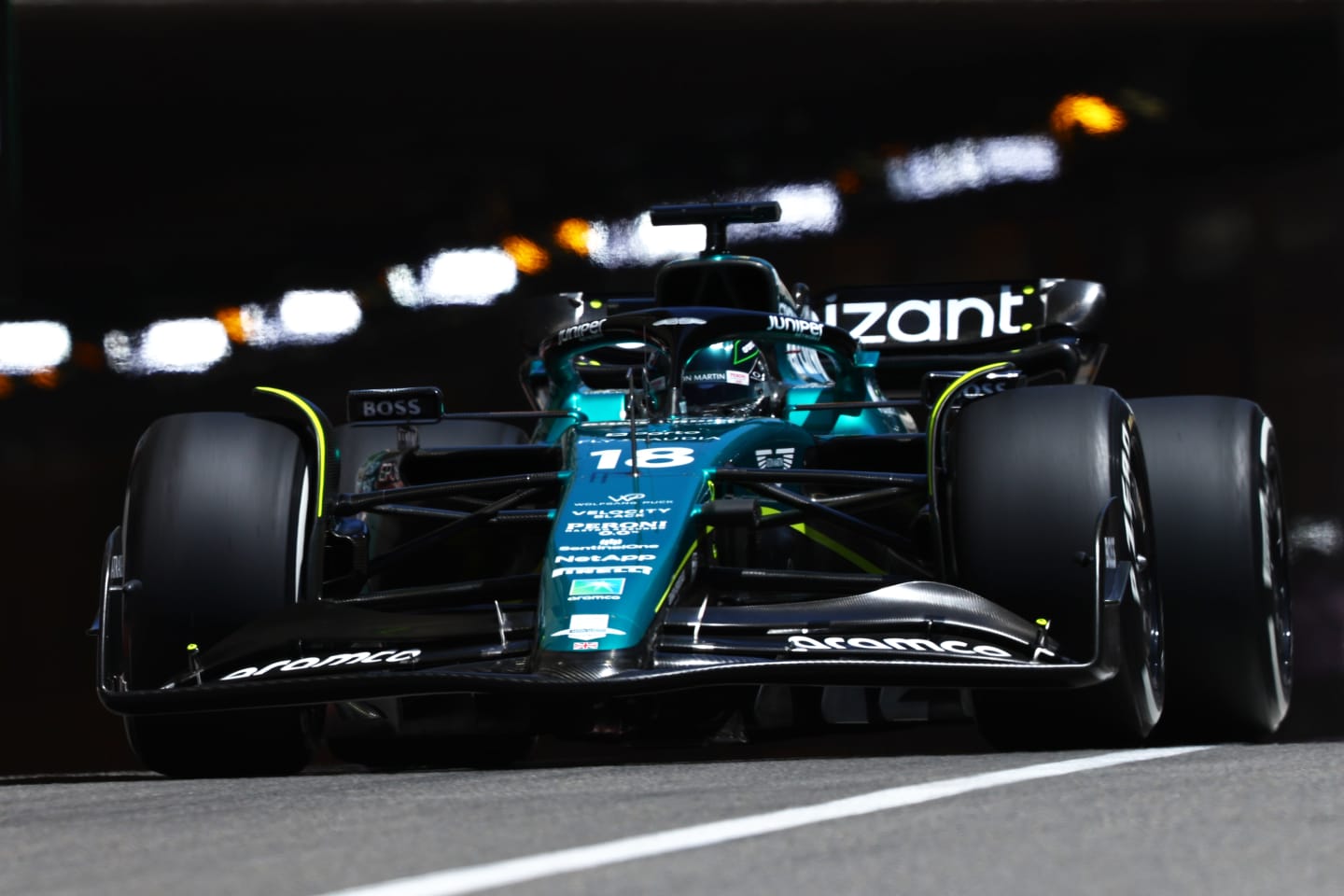 MONTE-CARLO, MONACO - MAY 26: Lance Stroll of Canada driving the (18) Aston Martin AMR23 Mercedes on track during practice ahead of the F1 Grand Prix of Monaco at Circuit de Monaco on May 26, 2023 in Monte-Carlo, Monaco. (Photo by Mark Thompson/Getty Images)