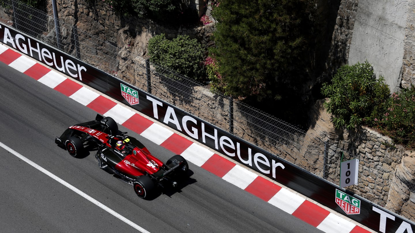 MONTE-CARLO, MONACO - MAY 26: Zhou Guanyu of China driving the (24) Alfa Romeo F1 C43 Ferrari on track during practice ahead of the F1 Grand Prix of Monaco at Circuit de Monaco on May 26, 2023 in Monte-Carlo, Monaco. (Photo by Bryn Lennon - Formula 1/Formula 1 via Getty Images)