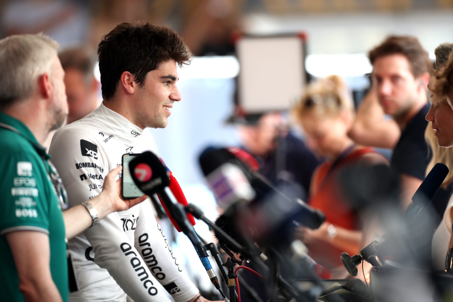 MONTE-CARLO, MONACO - MAY 27: 14th placed qualifier Lance Stroll of Canada and Aston Martin F1 Team talks to the media in the Paddock during qualifying ahead of the F1 Grand Prix of Monaco at Circuit de Monaco on May 27, 2023 in Monte-Carlo, Monaco. (Photo by Peter Fox/Getty Images)