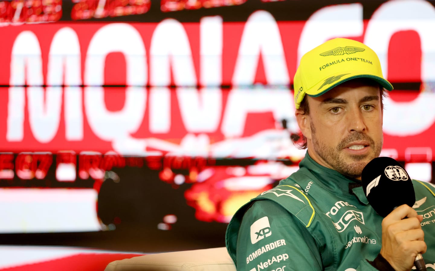 MONTE-CARLO, MONACO - MAY 27: Second placed qualifier Fernando Alonso of Spain and Aston Martin F1 Team attends the press conference after qualifying ahead of the F1 Grand Prix of Monaco at Circuit de Monaco on May 27, 2023 in Monte-Carlo, Monaco. (Photo by Bryn Lennon/Getty Images)
