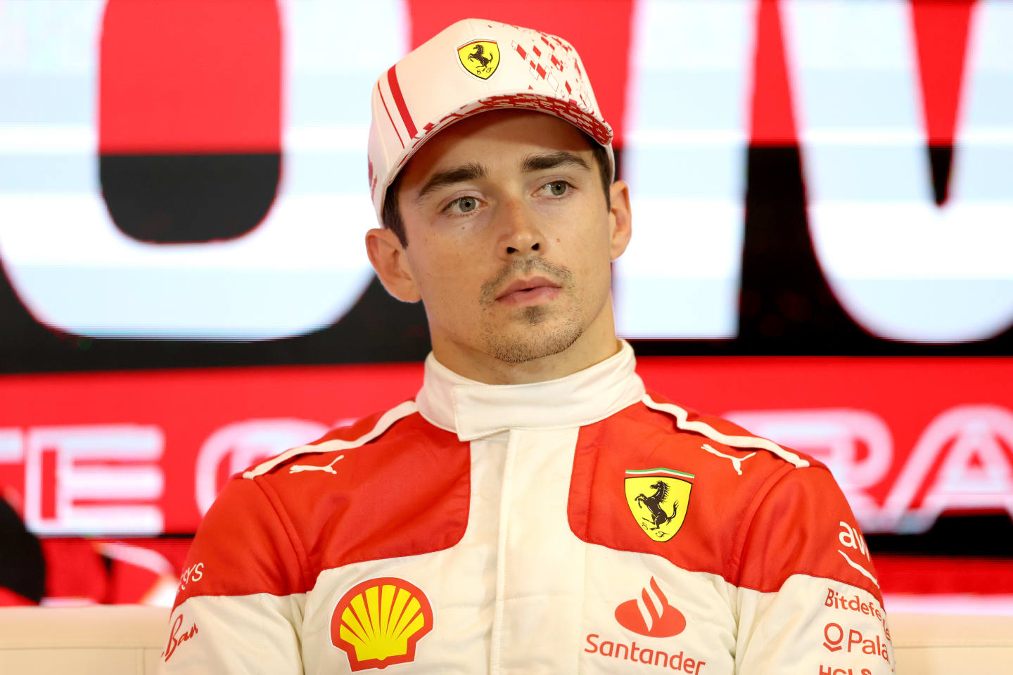 MONTE-CARLO, MONACO - MAY 27: Third placed qualifier Charles Leclerc of Monaco and Ferrari attends the press conference after qualifying ahead of the F1 Grand Prix of Monaco at Circuit de Monaco on May 27, 2023 in Monte-Carlo, Monaco. (Photo by Bryn Lennon/Getty Images)