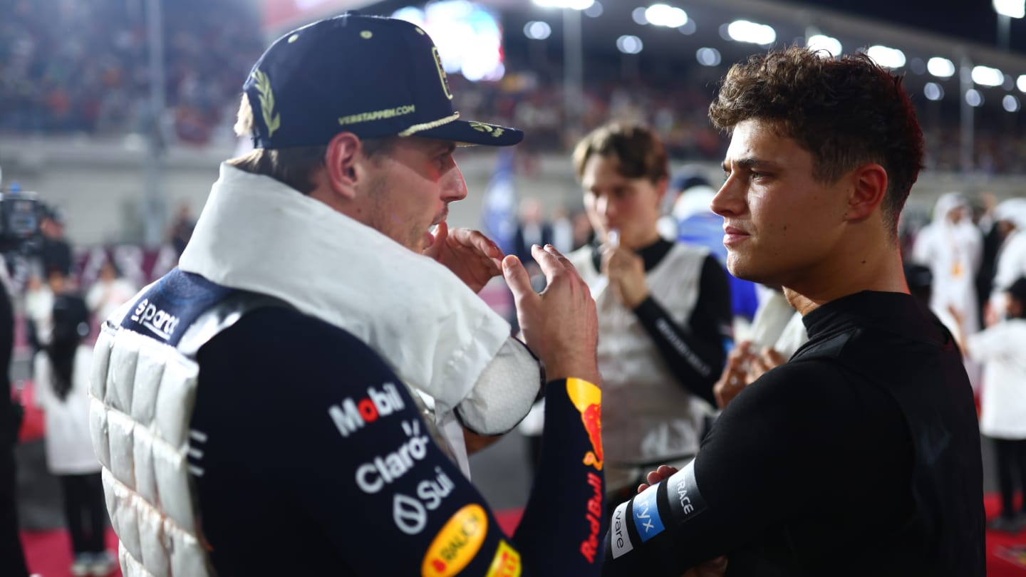 LUSAIL CITY, QATAR - OCTOBER 08: Max Verstappen of the Netherlands and Oracle Red Bull Racing talks