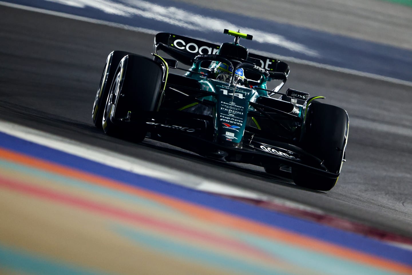 LUSAIL CITY, QATAR - OCTOBER 08: Fernando Alonso of Spain driving the (14) Aston Martin AMR23 Mercedes on track during the F1 Grand Prix of Qatar at Lusail International Circuit on October 08, 2023 in Lusail City, Qatar. (Photo by Clive Rose/Getty Images)