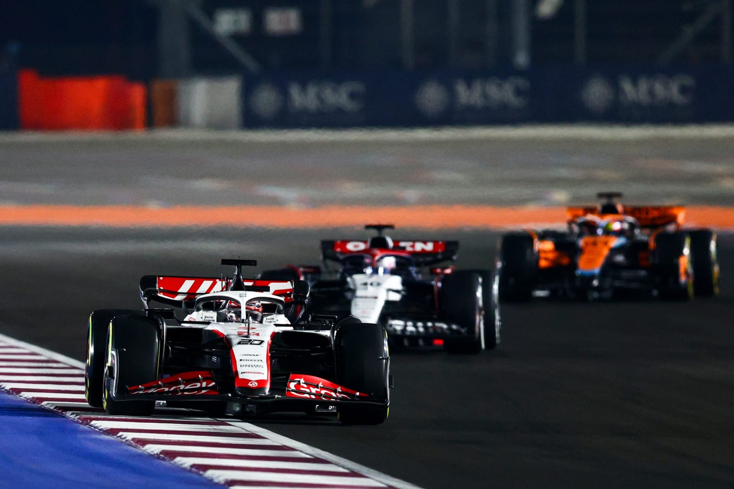 LUSAIL CITY, QATAR - OCTOBER 08: Kevin Magnussen of Denmark driving the (20) Haas F1 VF-23 Ferrari on track during the F1 Grand Prix of Qatar at Lusail International Circuit on October 08, 2023 in Lusail City, Qatar. (Photo by Clive Rose/Getty Images)