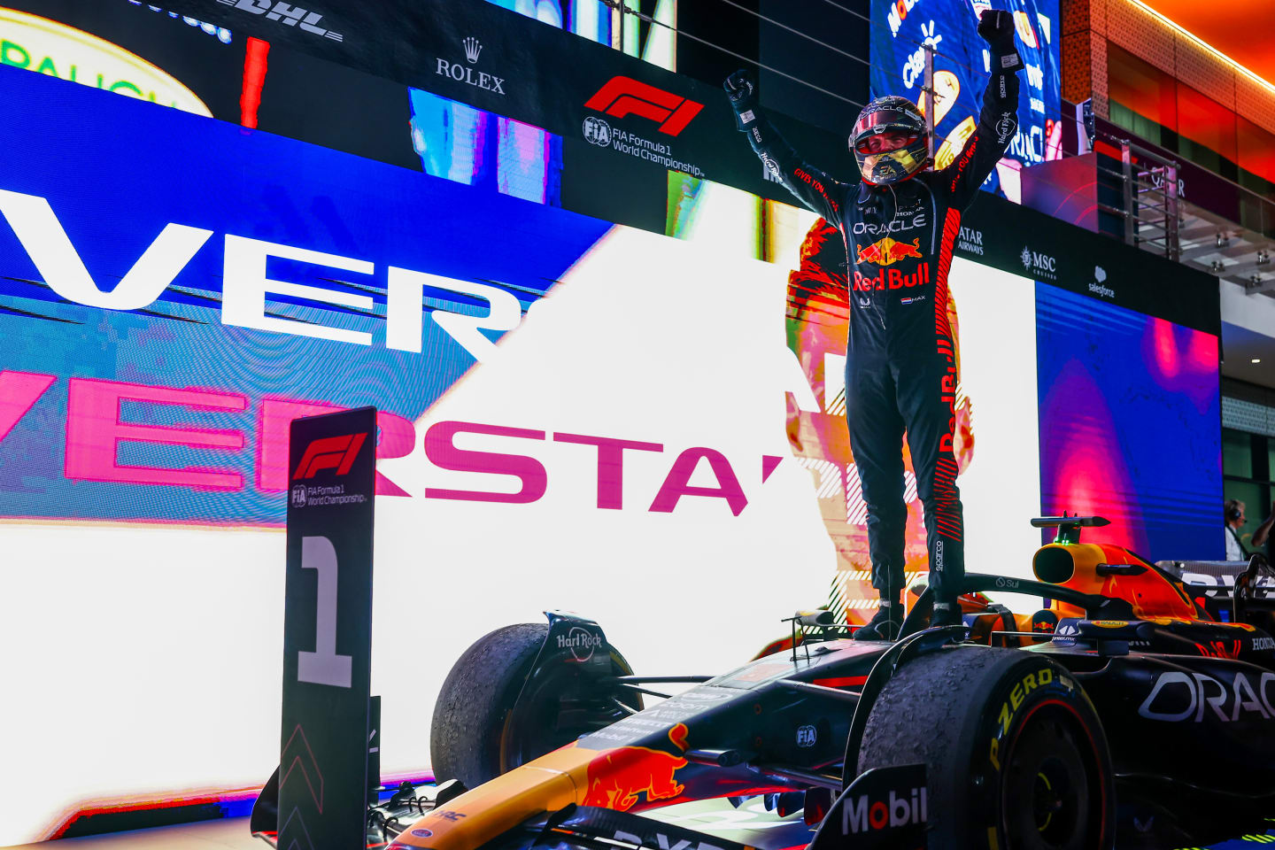 LUSAIL CITY, QATAR - OCTOBER 08: Race winner Max Verstappen of the Netherlands and Oracle Red Bull Racing celebrates in parc ferme during the F1 Grand Prix of Qatar at Lusail International Circuit on October 08, 2023 in Lusail City, Qatar. (Photo by Mark Thompson/Getty Images)