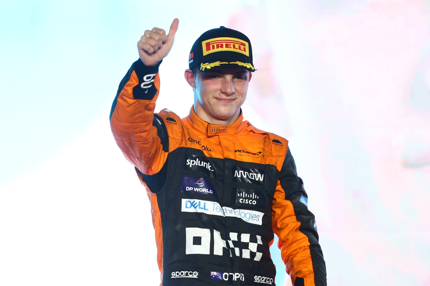 LUSAIL CITY, QATAR - OCTOBER 08: Second placed Oscar Piastri of Australia and McLaren celebrates on