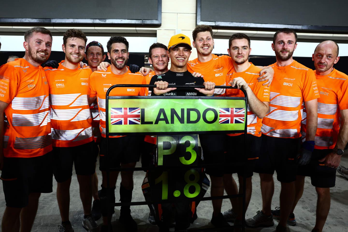 LUSAIL CITY, QATAR - OCTOBER 08: Third placed Lando Norris of Great Britain and McLaren celebrates