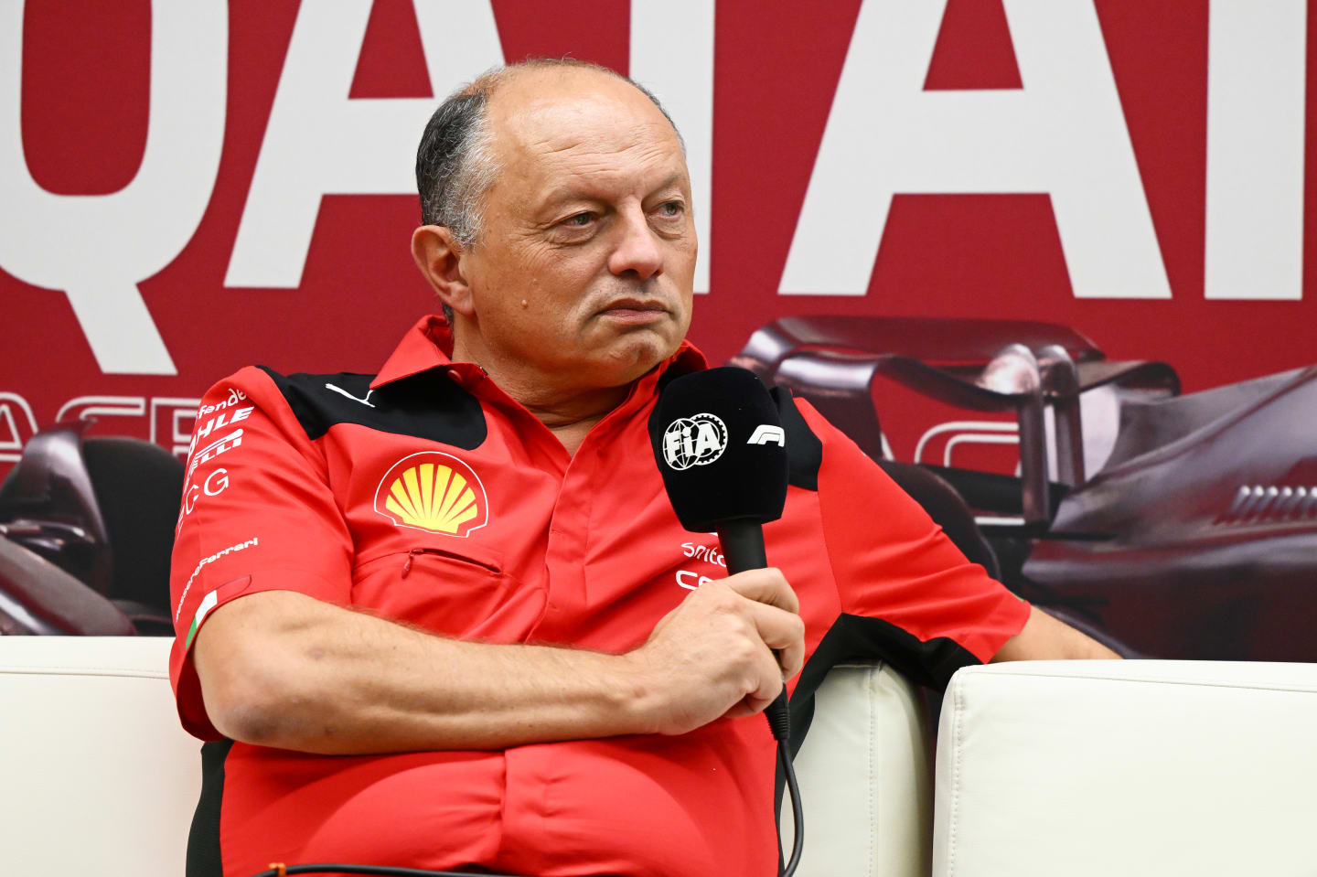 LUSAIL CITY, QATAR - OCTOBER 06: Ferrari Team Principal Frederic Vasseur attends the Team Principals Press Conference during practice ahead of the F1 Grand Prix of Qatar at Lusail International Circuit on October 06, 2023 in Lusail City, Qatar. (Photo by Clive Mason/Getty Images)