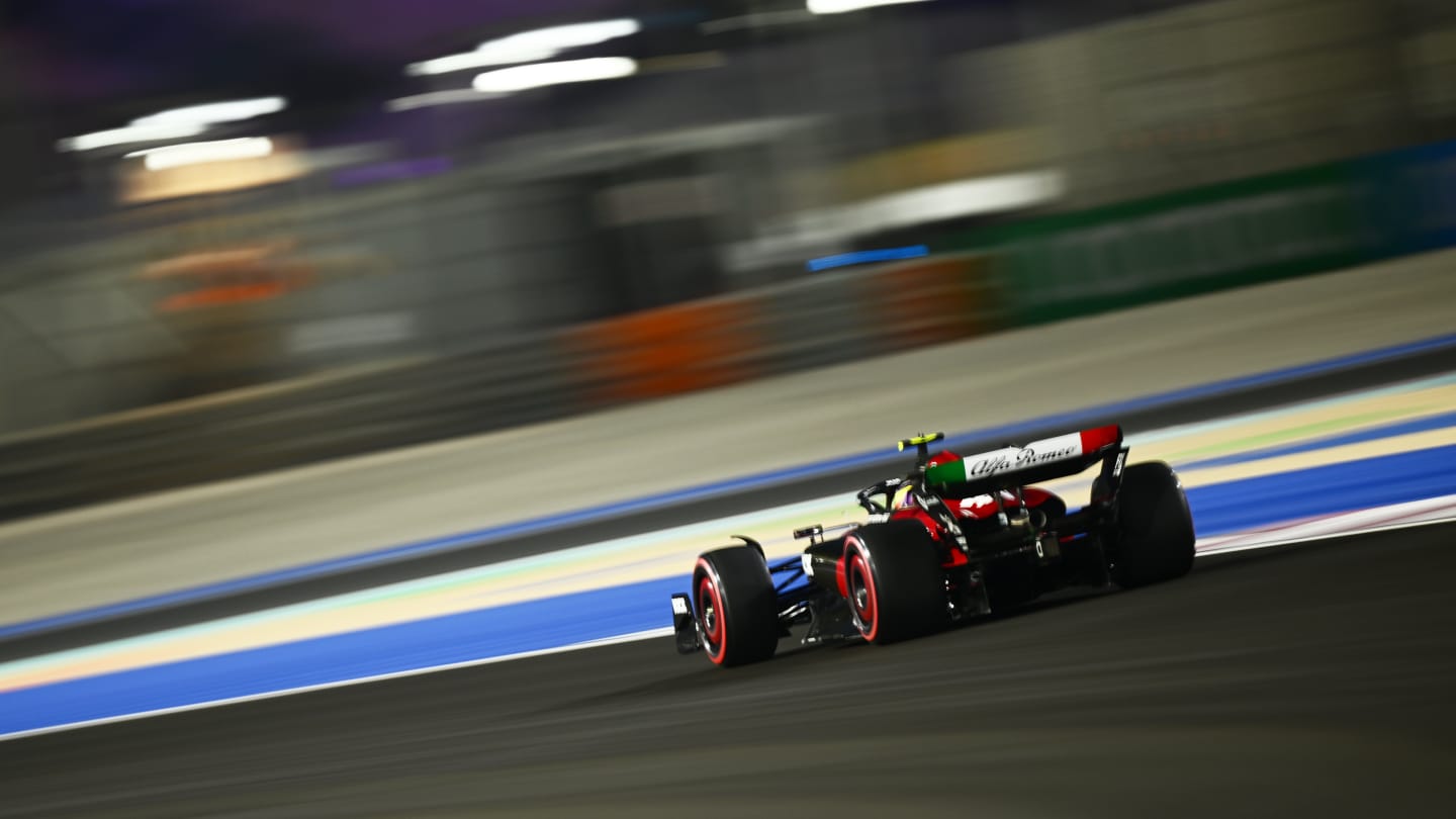 LUSAIL CITY, QATAR - OCTOBER 06: Zhou Guanyu of China driving the (24) Alfa Romeo F1 C43 Ferrari on track during practice ahead of the F1 Grand Prix of Qatar at Lusail International Circuit on October 06, 2023 in Lusail City, Qatar. (Photo by Clive Mason - Formula 1/Formula 1 via Getty Images)