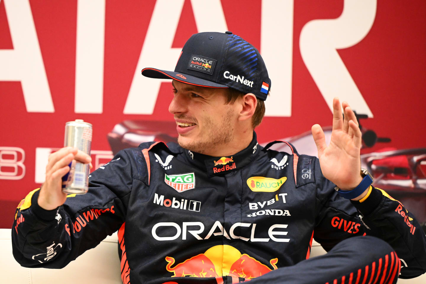 LUSAIL CITY, QATAR - OCTOBER 06: Pole position qualifier Max Verstappen of the Netherlands and Oracle Red Bull Racing attends the press conference after qualifying ahead of the F1 Grand Prix of Qatar at Lusail International Circuit on October 06, 2023 in Lusail City, Qatar. (Photo by Clive Mason/Getty Images)