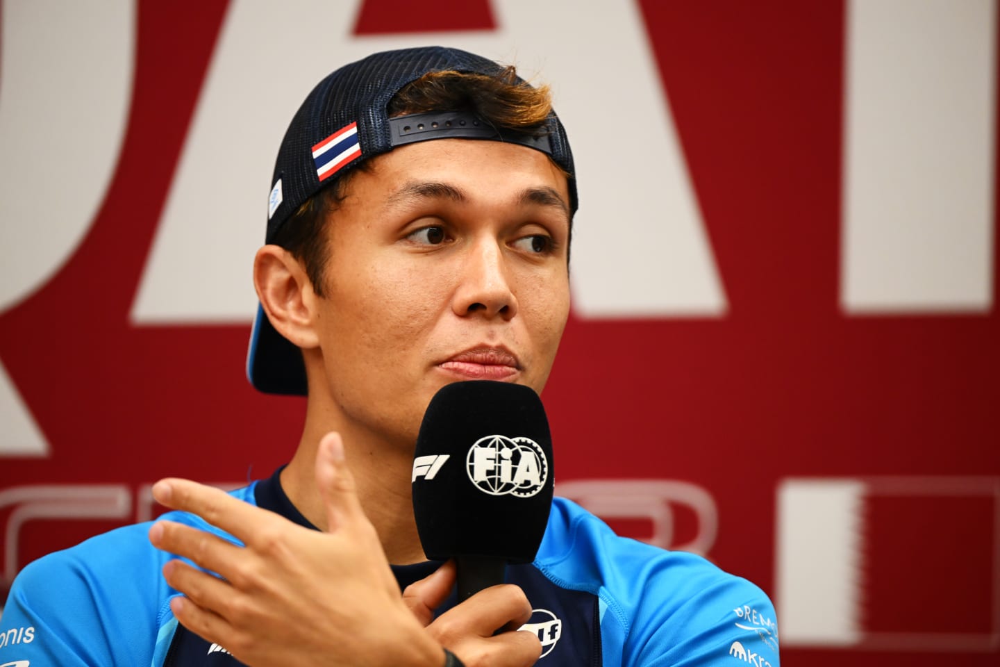 LUSAIL CITY, QATAR - OCTOBER 05: Alexander Albon of Thailand and Williams attends the Drivers Press Conference during previews ahead of the F1 Grand Prix of Qatar at Lusail International Circuit on October 05, 2023 in Lusail City, Qatar. (Photo by Clive Mason/Getty Images)