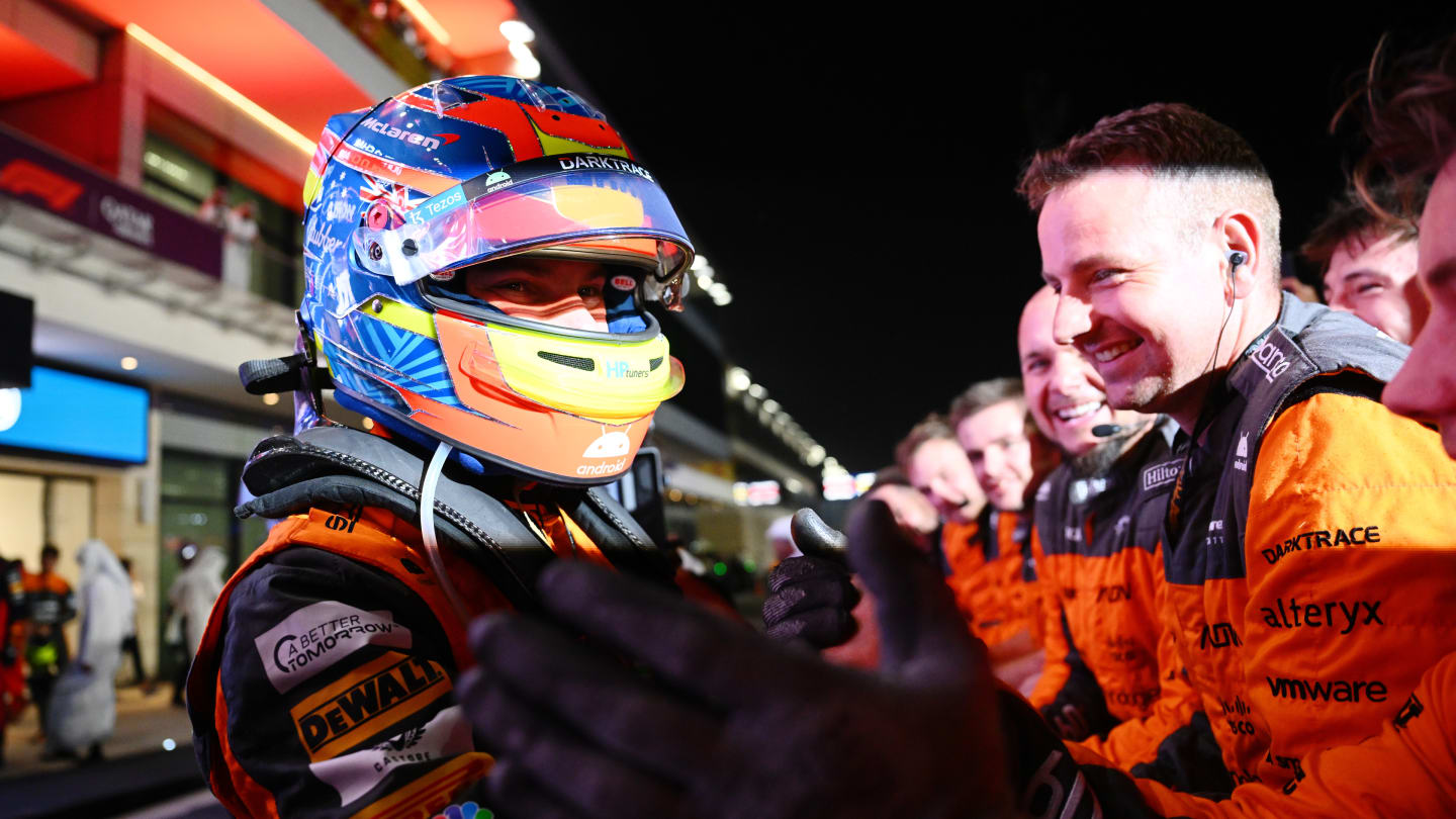 LUSAIL CITY, QATAR - OCTOBER 07: Sprint winner Oscar Piastri of Australia and McLaren celebrates
