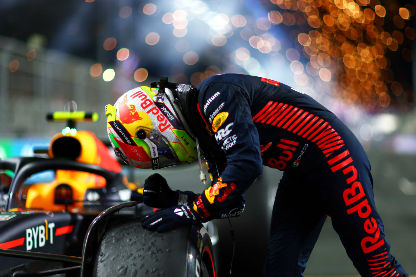 JEDDAH, SAUDI ARABIA - MARCH 19: Race winner Sergio Perez of Mexico and Oracle Red Bull Racing