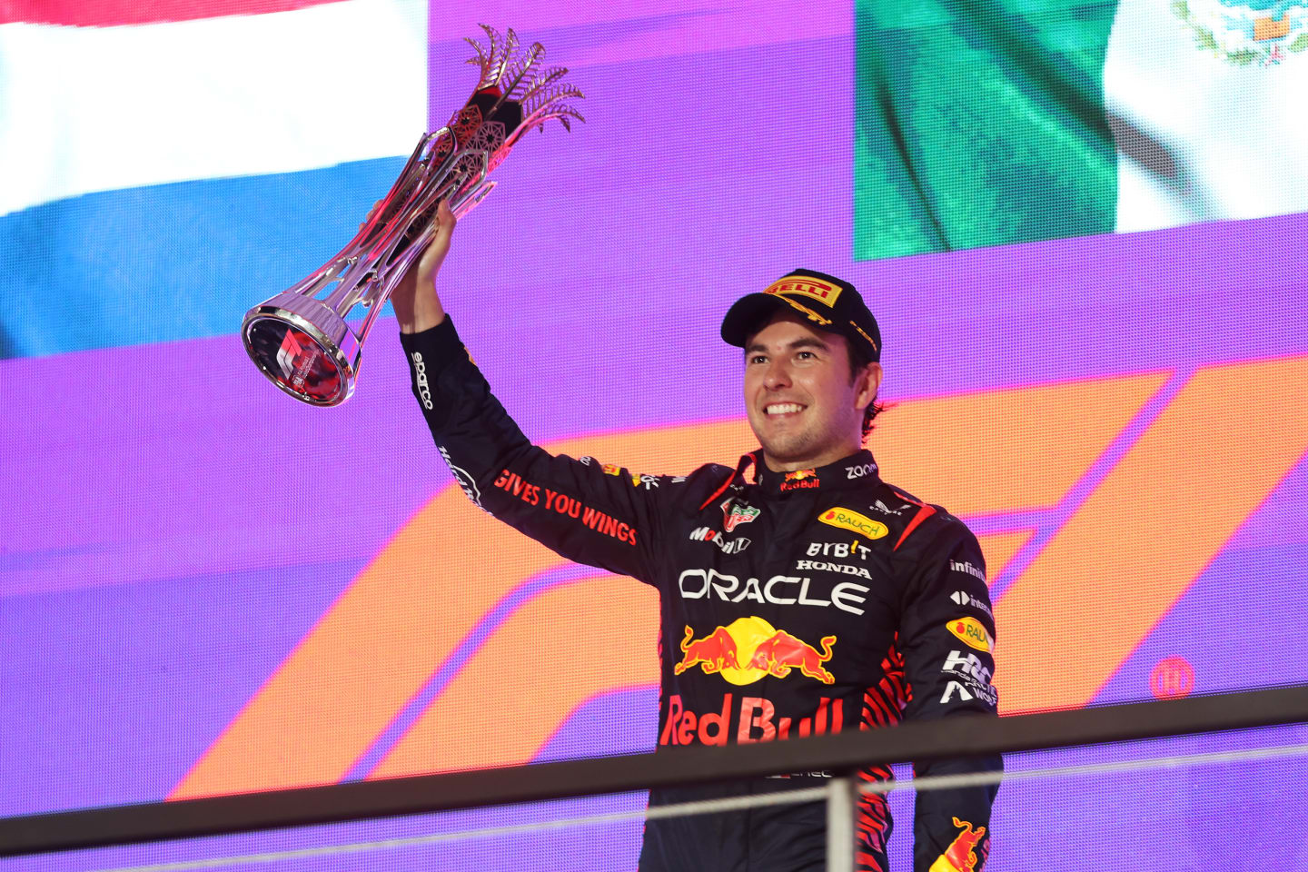 JEDDAH, SAUDI ARABIA - MARCH 19: Race winner Sergio Perez of Mexico and Oracle Red Bull Racing