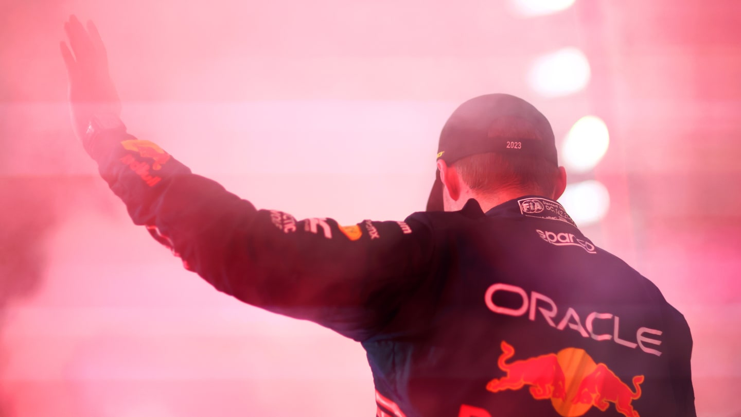 JEDDAH, SAUDI ARABIA - MARCH 19: Second placed Max Verstappen of the Netherlands and Oracle Red Bull Racing celebrates on the podium during the F1 Grand Prix of Saudi Arabia at Jeddah Corniche Circuit on March 19, 2023 in Jeddah, Saudi Arabia. (Photo by Dan Istitene - Formula 1/Formula 1 via Getty Images)