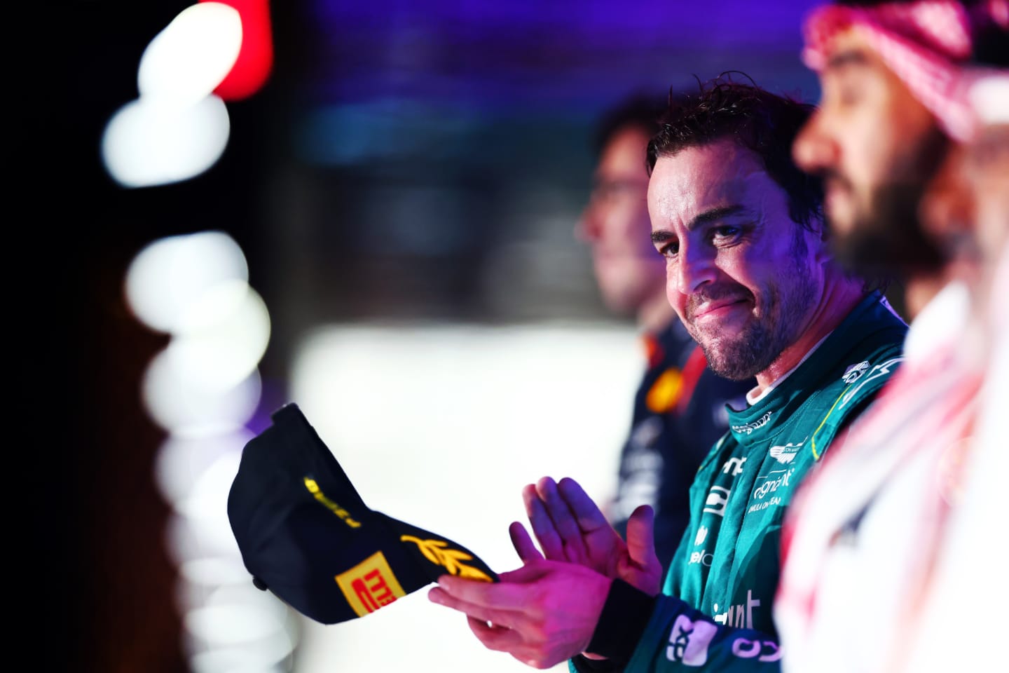 JEDDAH, SAUDI ARABIA - MARCH 19: Third placed Fernando Alonso of Spain and Aston Martin F1 Team