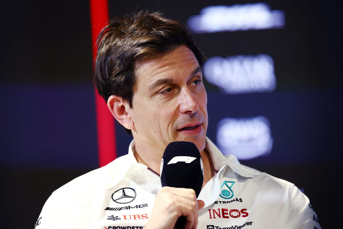 JEDDAH, SAUDI ARABIA - MARCH 17: Mercedes GP Executive Director Toto Wolff attends the Team Principals Press Conference during practice ahead of the F1 Grand Prix of Saudi Arabia at Jeddah Corniche Circuit on March 17, 2023 in Jeddah, Saudi Arabia. (Photo by Bryn Lennon/Getty Images)