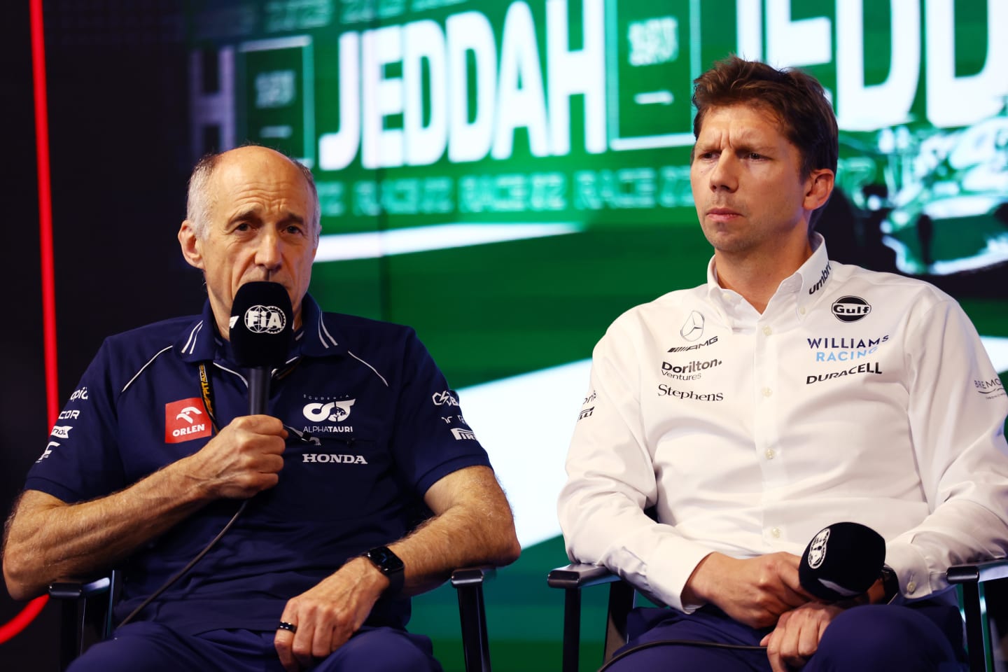 JEDDAH, SAUDI ARABIA - MARCH 17: Scuderia AlphaTauri Team Principal Franz Tost and James Vowles, Team Principal of Williams attend the Team Principals Press Conference during practice ahead of the F1 Grand Prix of Saudi Arabia at Jeddah Corniche Circuit on March 17, 2023 in Jeddah, Saudi Arabia. (Photo by Bryn Lennon/Getty Images)