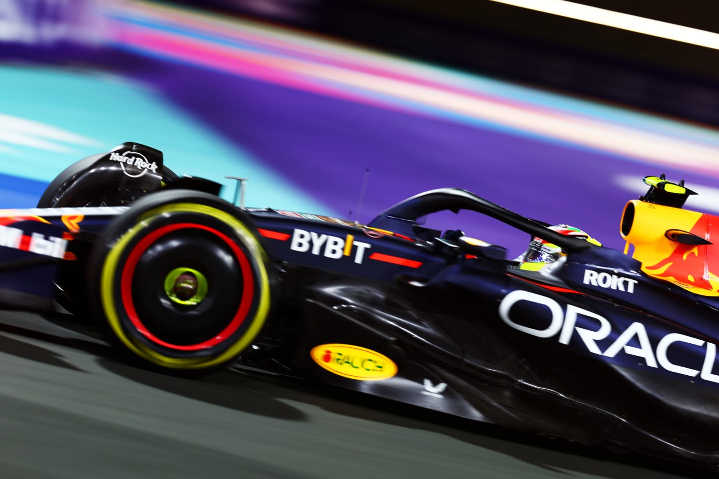 JEDDAH, SAUDI ARABIA - MARCH 17: Sergio Perez of Mexico driving the (11) Oracle Red Bull Racing RB19 on track during practice ahead of the F1 Grand Prix of Saudi Arabia at Jeddah Corniche Circuit on March 17, 2023 in Jeddah, Saudi Arabia. (Photo by Dan Istitene - Formula 1/Formula 1 via Getty Images)