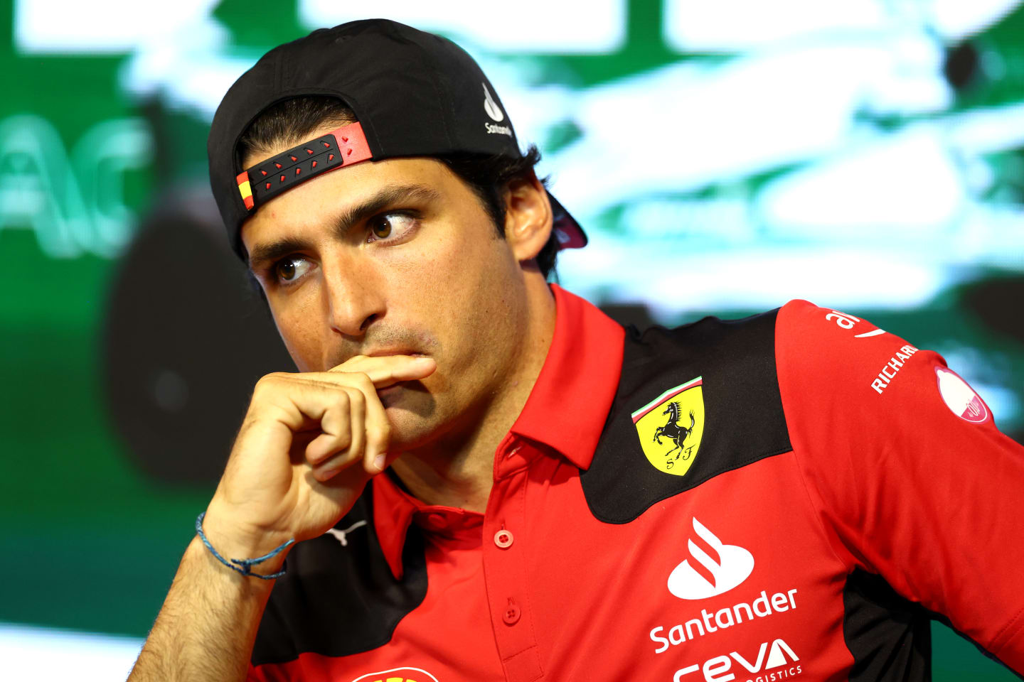 JEDDAH, SAUDI ARABIA - MARCH 16: Carlos Sainz of Spain and Ferrari attends the Drivers Press Conference during previews ahead of the F1 Grand Prix of Saudi Arabia at Jeddah Corniche Circuit on March 16, 2023 in Jeddah, Saudi Arabia. (Photo by Bryn Lennon/Getty Images)