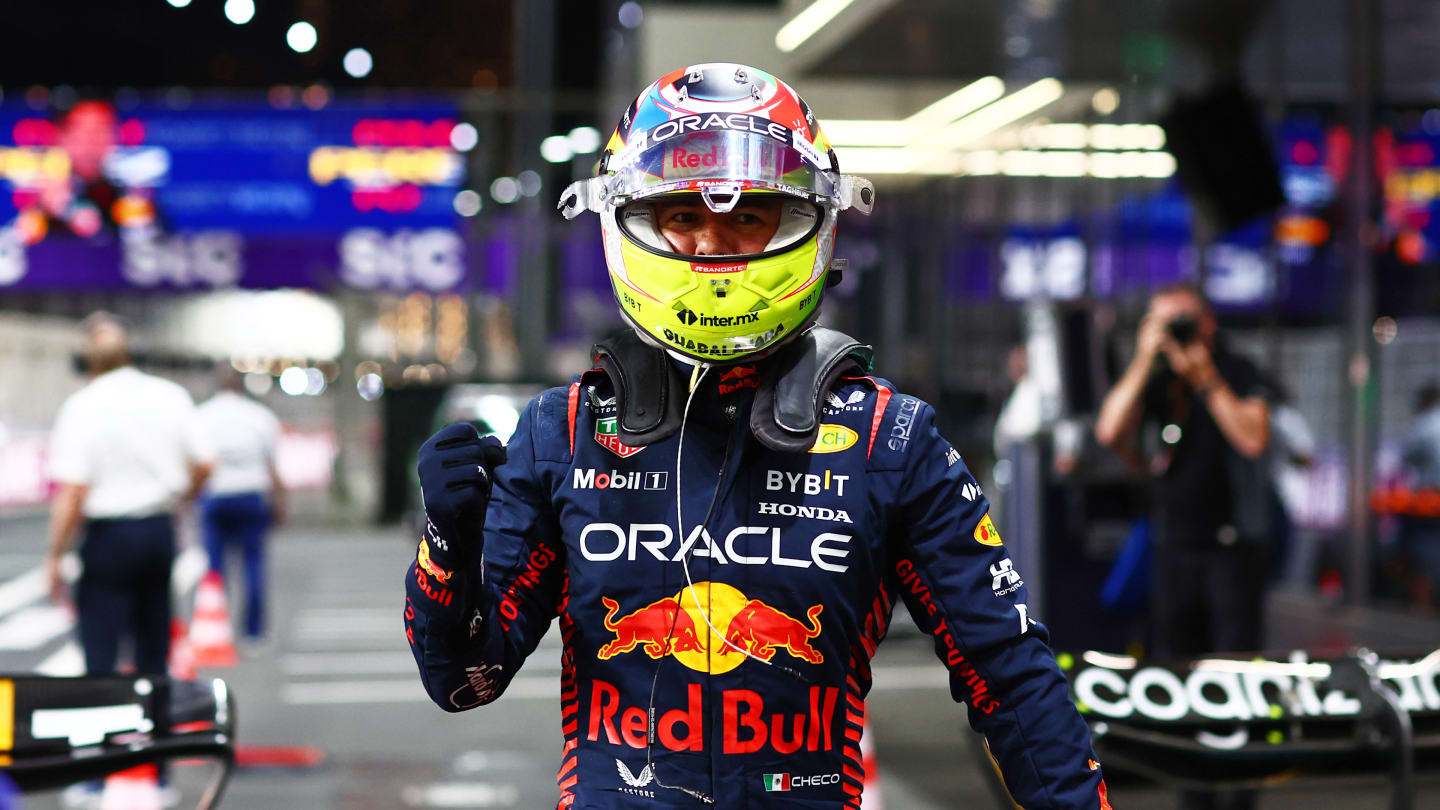 JEDDAH, SAUDI ARABIA - MARCH 18: Pole position qualifier Sergio Perez of Mexico and Oracle Red Bull