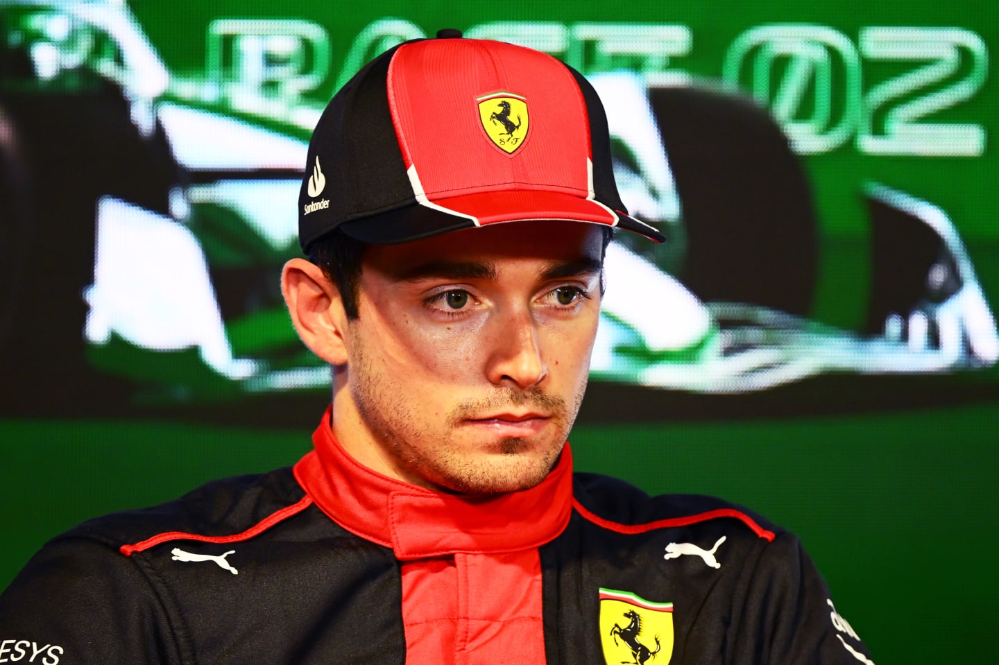 JEDDAH, SAUDI ARABIA - MARCH 18: Second placed qualifier Charles Leclerc of Monaco and Ferrari attends the press conference after qualifying ahead of the F1 Grand Prix of Saudi Arabia at Jeddah Corniche Circuit on March 18, 2023 in Jeddah, Saudi Arabia. (Photo by Clive Mason/Getty Images)