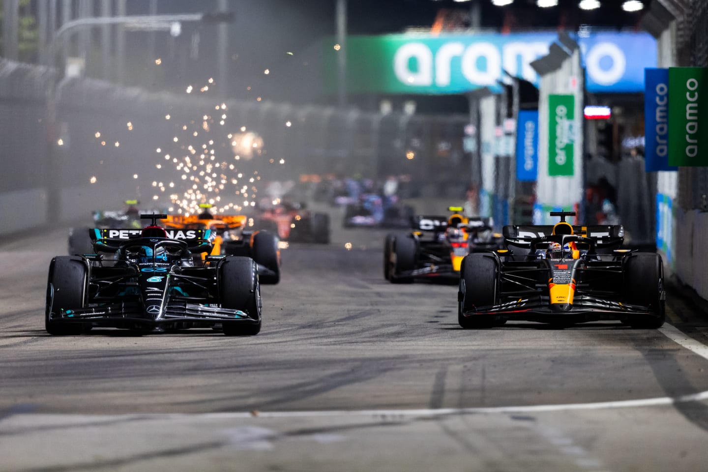 SINGAPORE, SINGAPORE - SEPTEMBER 17: George Russell of Great Britain driving the (63) Mercedes AMG