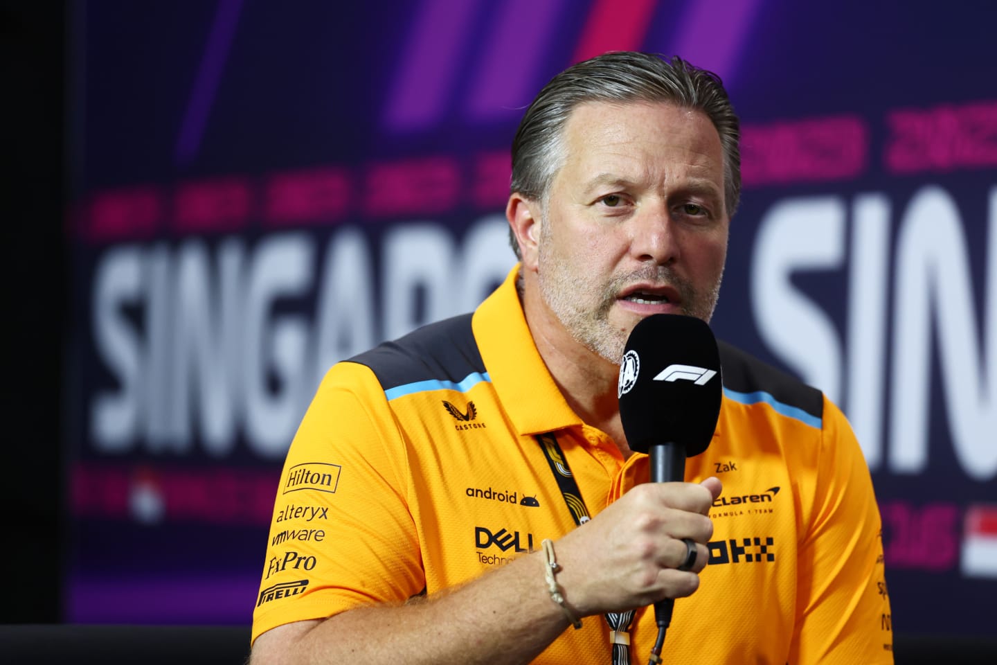 SINGAPORE, SINGAPORE - SEPTEMBER 15: McLaren Chief Executive Officer Zak Brown talks in the team principals press conference during practice ahead of the F1 Grand Prix of Singapore at Marina Bay Street Circuit on September 15, 2023 in Singapore, Singapore. (Photo by Bryn Lennon/Getty Images)