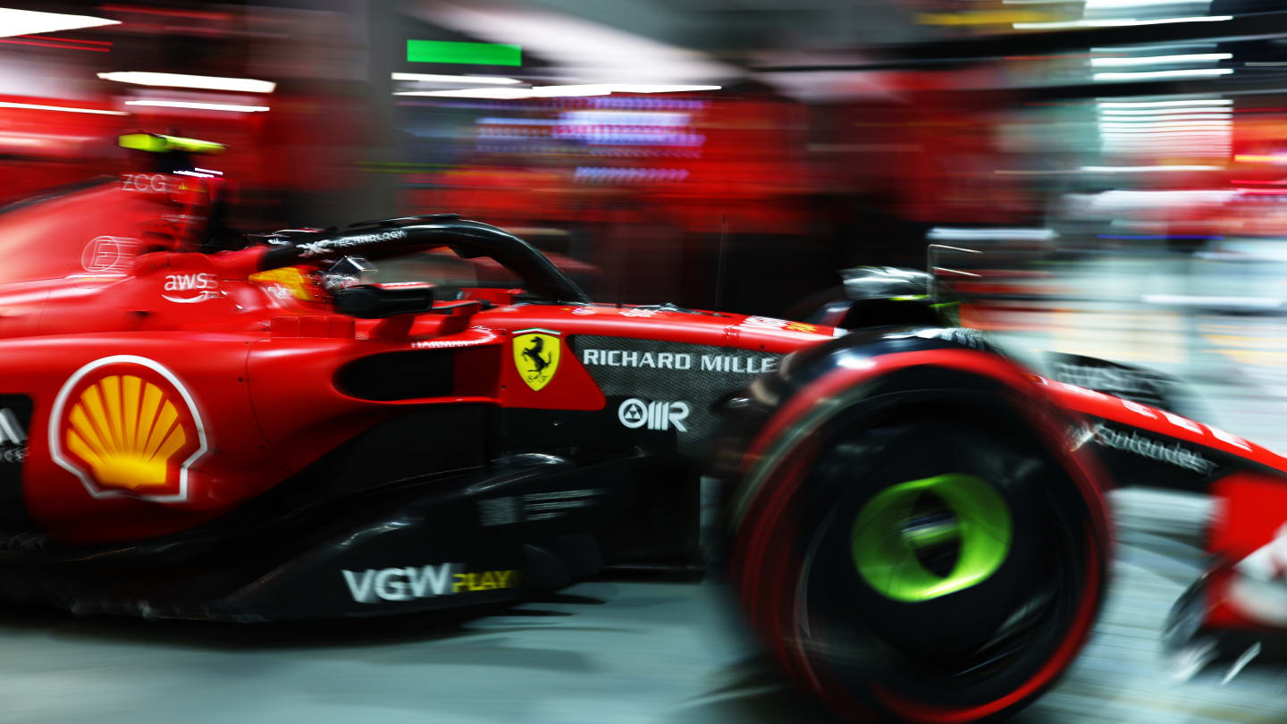 SINGAPORE, SINGAPORE - SEPTEMBER 15: Carlos Sainz of Spain driving (55) the Ferrari SF-23 leaves the garage during practice ahead of the F1 Grand Prix of Singapore at Marina Bay Street Circuit on September 15, 2023 in Singapore, Singapore. (Photo by Dan Istitene - Formula 1/Formula 1 via Getty Images)