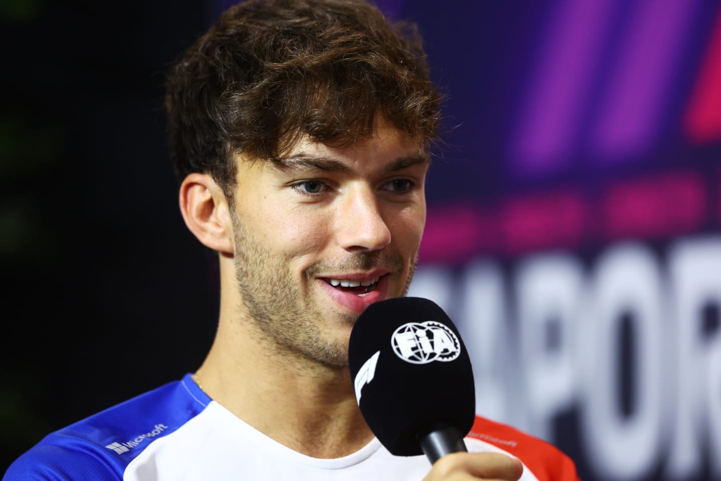 SINGAPORE, SINGAPORE - SEPTEMBER 14: Pierre Gasly of France and Alpine F1 attends the Drivers Press Conference during previews ahead of the F1 Grand Prix of Singapore at Marina Bay Street Circuit on September 14, 2023 in Singapore, Singapore. (Photo by Clive Rose/Getty Images)