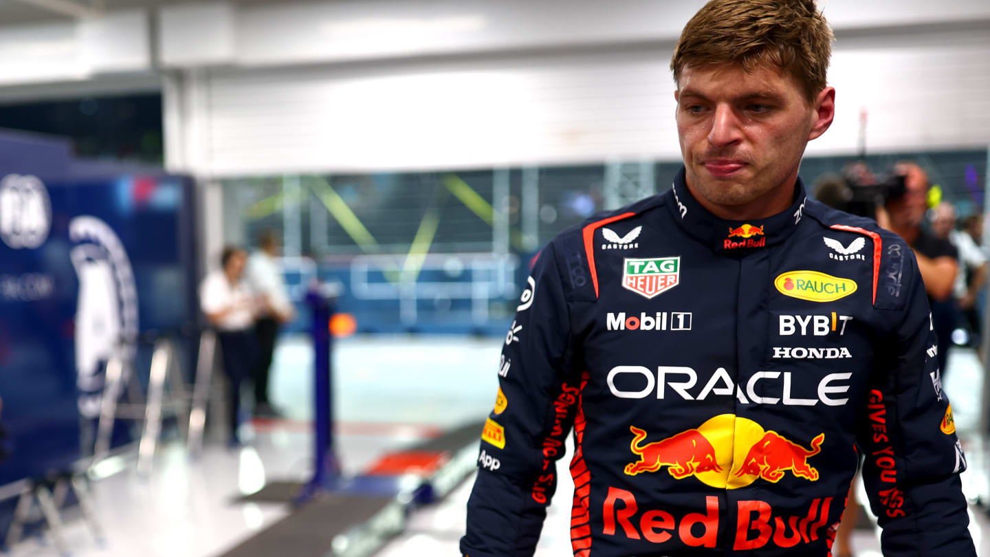 SINGAPORE, SINGAPORE - SEPTEMBER 16: Eleventh placed qualifier Max Verstappen of the Netherlands and Oracle Red Bull Racing reacts in the FIA garage during qualifying ahead of the F1 Grand Prix of Singapore at Marina Bay Street Circuit on September 16, 2023 in Singapore, Singapore. (Photo by Dan Istitene - Formula 1/Formula 1 via Getty Images)