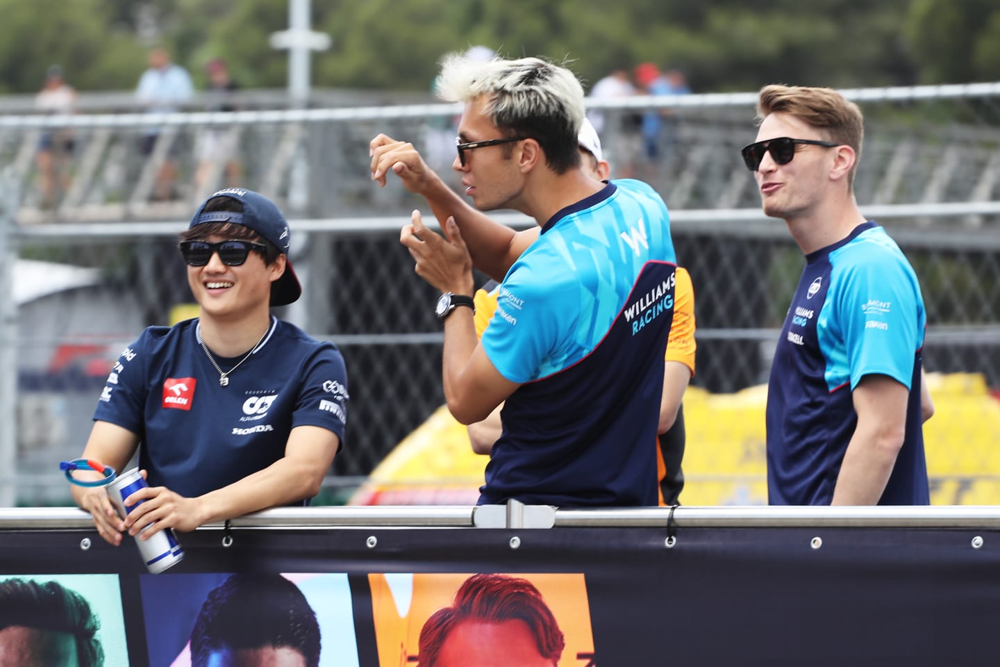 BARCELONA, SPAIN - JUNE 04: Yuki Tsunoda of Japan and Scuderia AlphaTauri, Alexander Albon of Thailand and Williams and Logan Sargeant of United States and Williams look on from the drivers parade prior to the F1 Grand Prix of Spain at Circuit de Barcelona-Catalunya on June 04, 2023 in Barcelona, Spain. (Photo by Peter Fox/Getty Images)