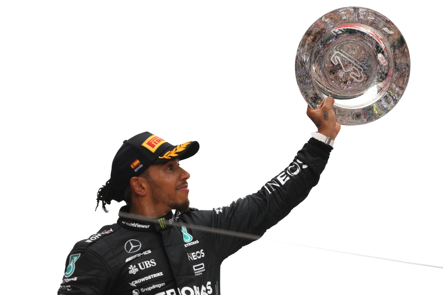 BARCELONA, SPAIN - JUNE 04: Second placed Lewis Hamilton of Great Britain and Mercedes celebrates on the podium during the F1 Grand Prix of Spain at Circuit de Barcelona-Catalunya on June 04, 2023 in Barcelona, Spain. (Photo by David Ramos/Getty Images)